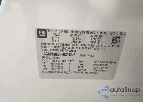 2015 Chevrolet Silverado 1500 1Lt from USA, damaged, VIN 3GCPCREC3FG391212